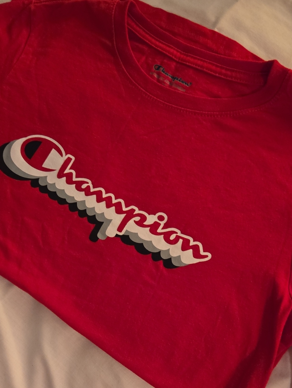 Champion Red Tee with Layered Script Logo